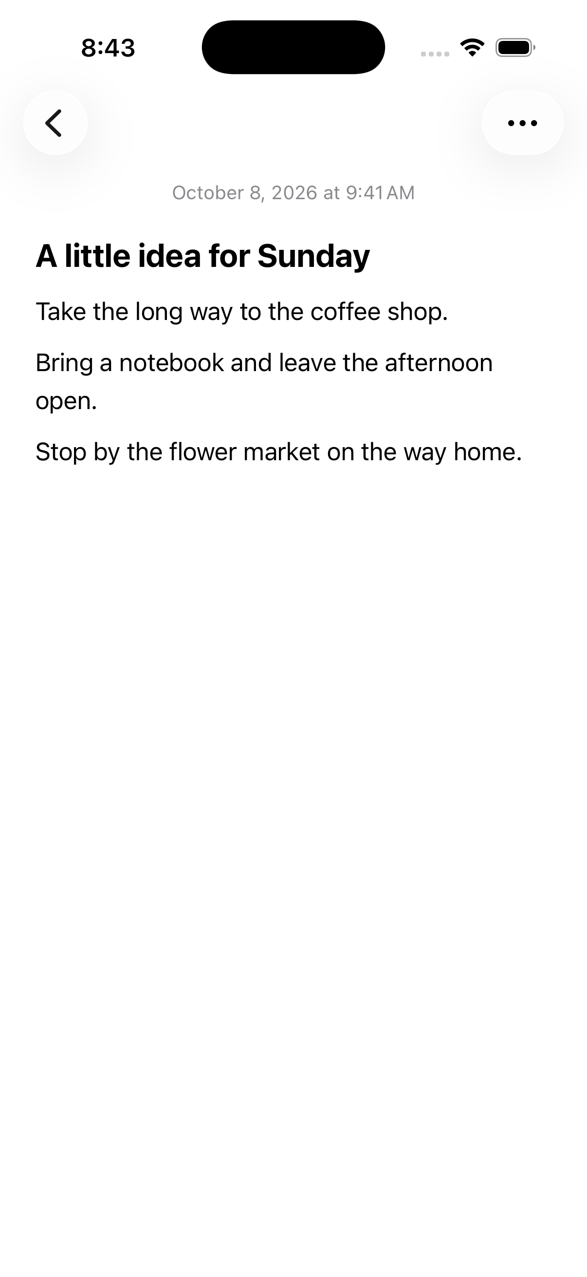 An open Pencil note showing a short, editable thought about Sunday.